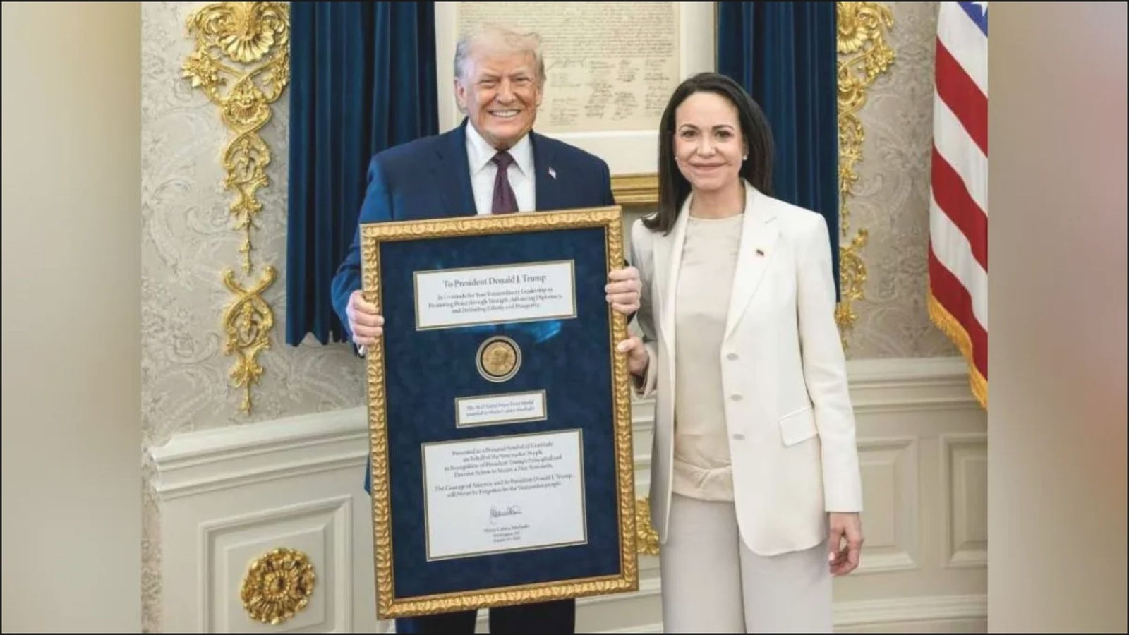 ટ્રમ્પની ઈચ્છા થઈ પૂરી !  માચાડોએ વ્હાઇટ હાઉસમાં ટ્રમ્પને અર્પણ કર્યો પોતાનો નોબેલ શાંતિ પુરસ્કાર