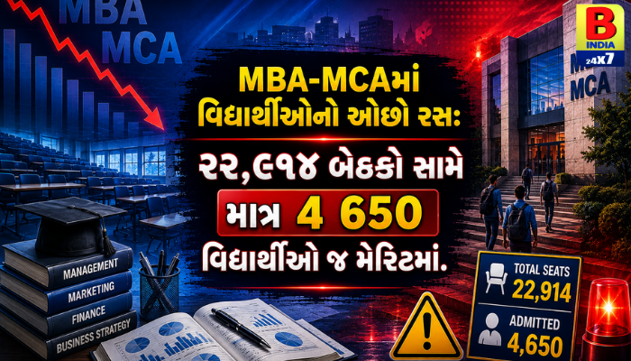 “MBA-MCAમાં વિદ્યાર્થીઓનો ઓછો રસ: ૨૨,૯૧૪ બેઠકો સામે માત્ર ૪,૬૫૦ વિદ્યાર્થીઓ જ મેરિટમાં.”