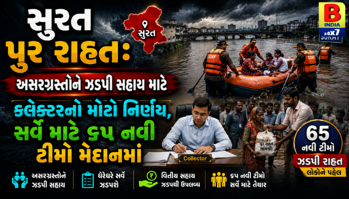 “સુરત પૂર રાહત: અસરગ્રસ્તોને ઝડપી સહાય માટે કલેકટરનો મોટો નિર્ણય, સર્વે માટે ૬૫ નવી ટીમો મેદાનમાં”