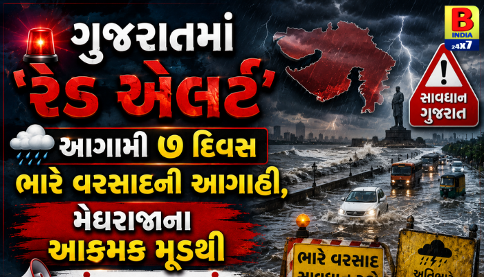 ગુજરાતમાં ‘રેડ એલર્ટ’: આગામી ૭ દિવસ ભારે વરસાદની આગાહી, મેઘરાજાના આક્રમક મૂડથી તંત્ર સાબદું!