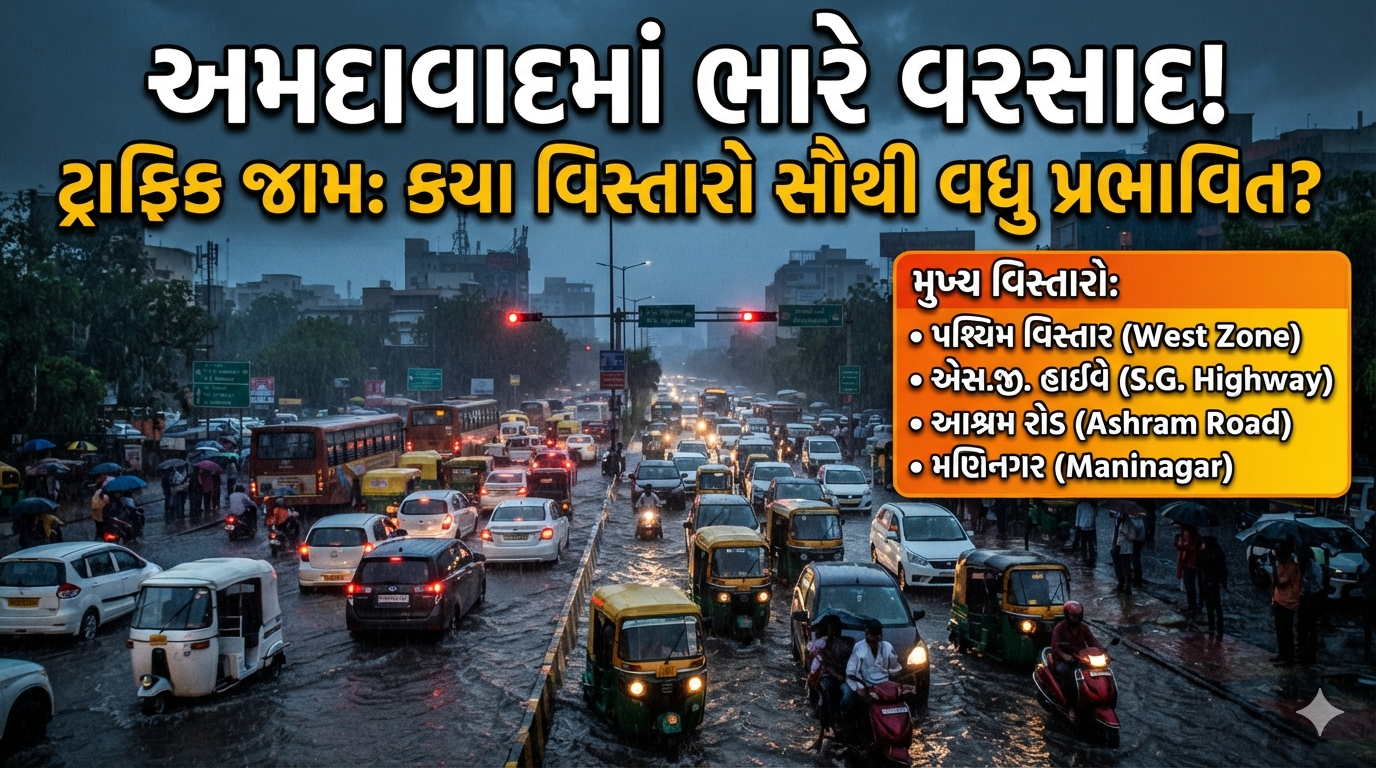 અમદાવાદમાં વરસાદનો કહેર: અનેક વિસ્તારોમાં ટ્રાફિક જામ, વાહનચાલકો પરેશાન
