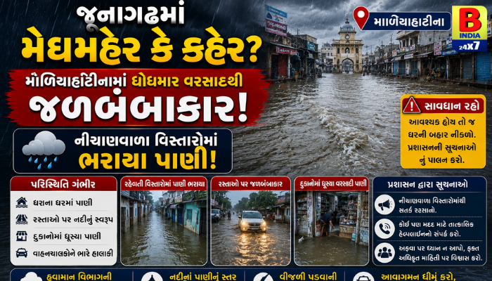 જૂનાગઢના માળિયાહાટીનામાં મેઘરાજાનું તાંડવ, રસ્તાઓ પર નદીઓ વહેતી હોય તેવા દ્રશ્યો.