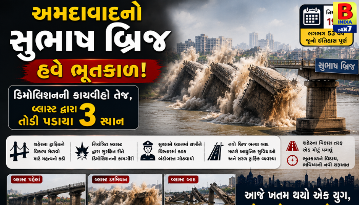 અમદાવાદનો સુભાષ બ્રિજ હવે ભૂતકાળ: ડિમોલિશનની કામગીરી તેજ, બ્લાસ્ટ દ્વારા તોડી પડાયા ૩ સ્પાન.
