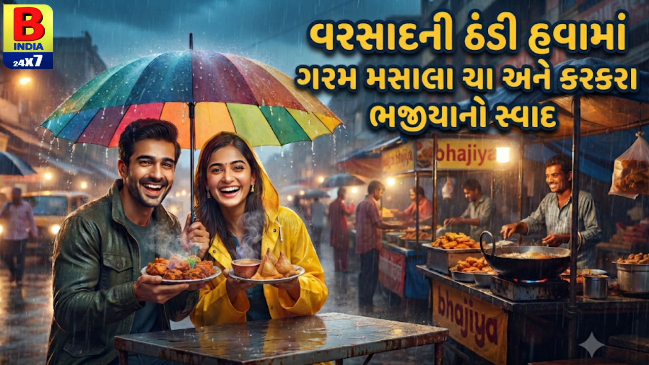 વરસાદની ઠંડી હવામાં ગરમ મસાલા ચા અને કરકરા ભજીયાનો સ્વાદ – દરેક પળને બનાવે ખાસ!”