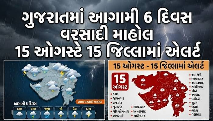 ગુજરાતમાં આગામી 6 દિવસ વરસાદી માહોલ, 15 ઓગસ્ટે 15 જિલ્લામાં એલર્ટ